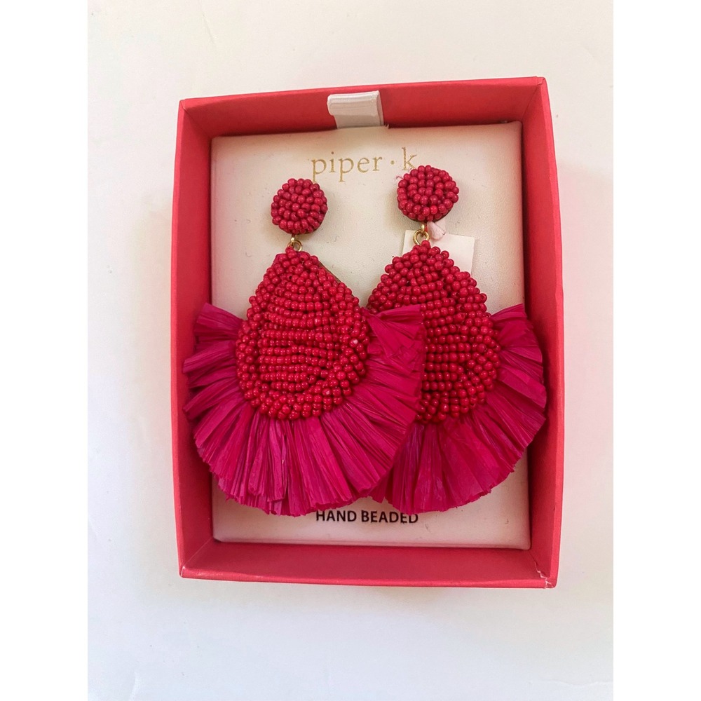 Piper K Hand Beaded Pink Raffia Fan Statement Drop Earrings Fuchsia Boho India